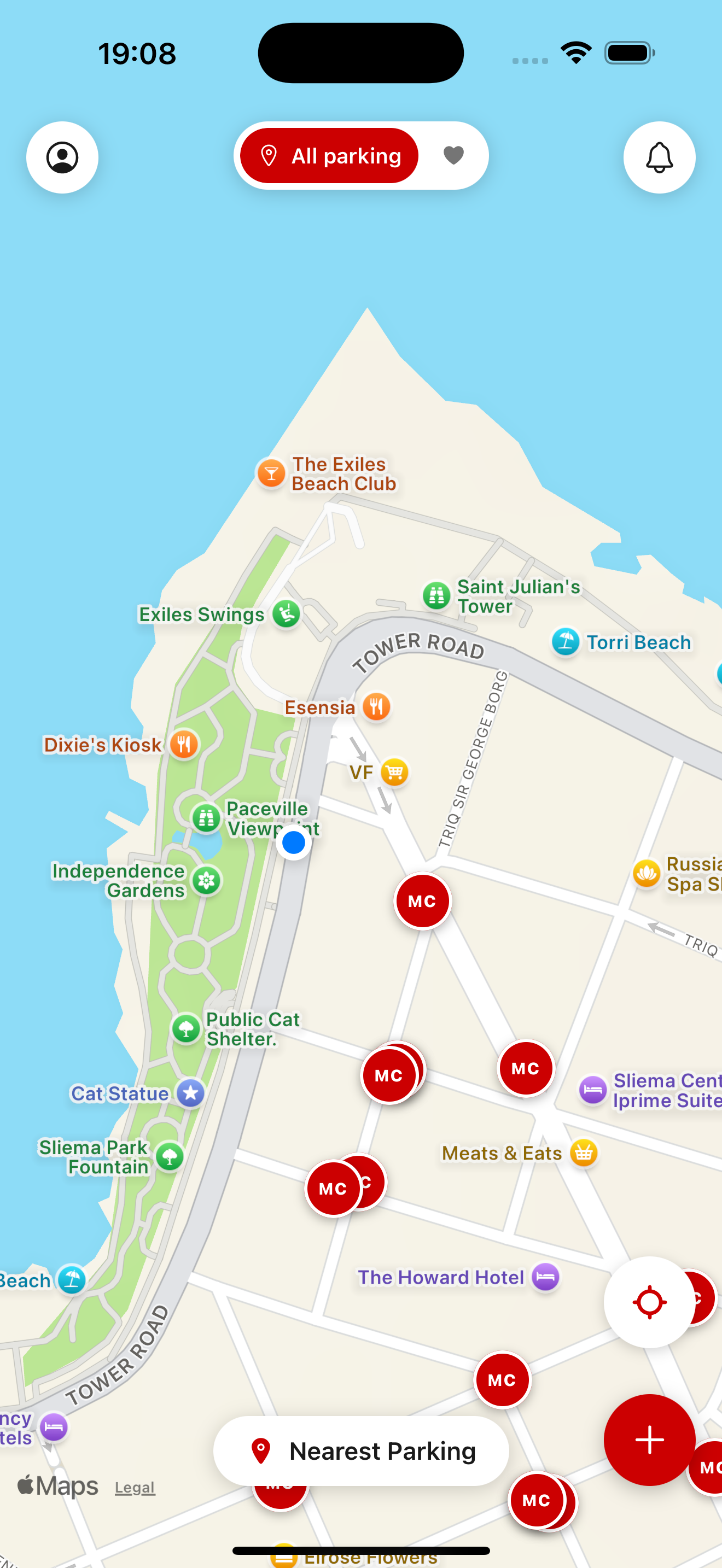 MaltaMoto map view showing nearby motorcycle-only parking bays around Sliema, Malta